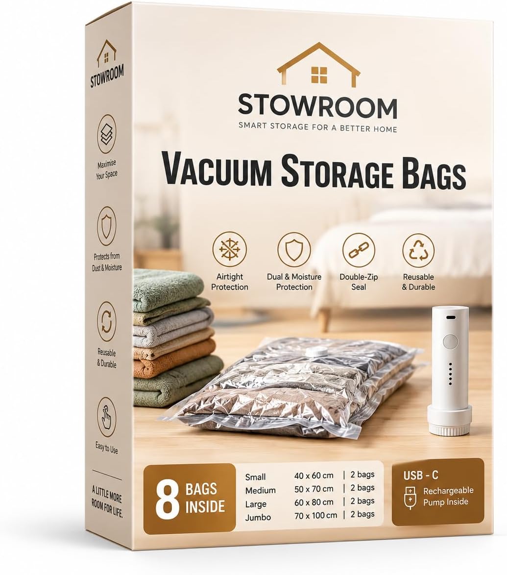 STOWROOM Vacuum Storage Bags 8 Pack with Rechargeable Electric Pump – Space Saving Storage Bags for Clothes, Duvets & Bedding