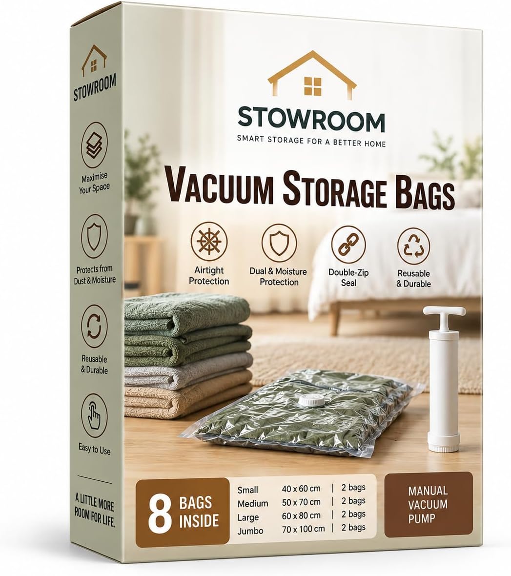 STOWROOM Vacuum Storage Bags 8 Pack with Hand Pump – Space Saving Storage Bags for Clothes, Bedding & Travel
